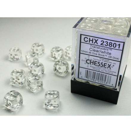 Translucent 12mm d6 Clear/white Dice Block (36 dice)