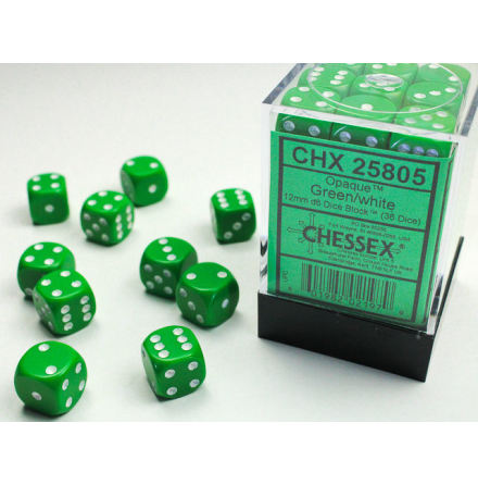 Opaque 12mm d6 Green/white Dice Block Dice Block (36 dice)