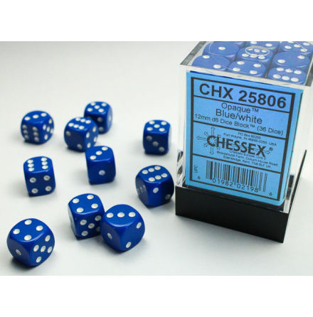 Opaque 12mm d6 Blue/white Dice Block Dice Block (36 dice)