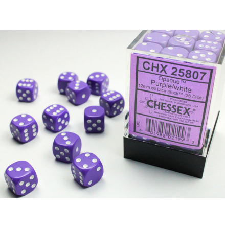 Opaque 12mm d6 Purple/white Dice Block (36 dice)
