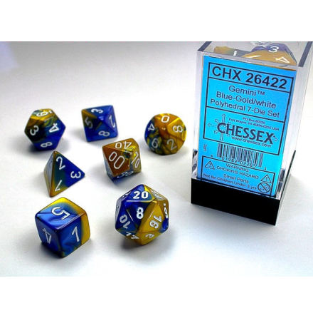 Gemini Polyhedral Blue-Gold w/white 7-Die Set