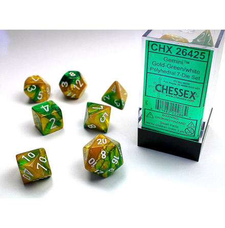 Gemini Polyhedral Gold-Green/white 7-Die Set