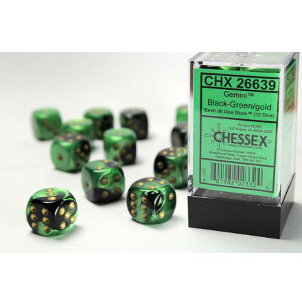 Gemini 16mm d6 Black-Green w/gold Dice Block (12 dice)