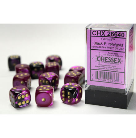 Gemini 16mm d6 Black-Purple w/gold Dice Block (12 dice)