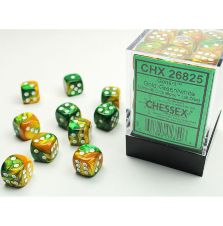 Gemini 12mm d6 Gold-Green/white Dice Block (36 dice)