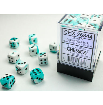 Gemini 12mm d6 Teal-White/black Dice Block (36 dice)