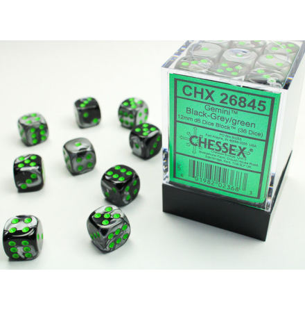 Gemini 12mm d6 Black-Grey/green Dice Block (36 dice)