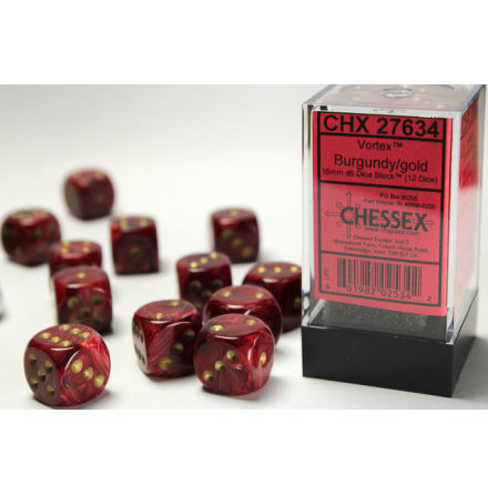 Vortex 16mm d6 Burgundy/gold Dice Block (12 dice)