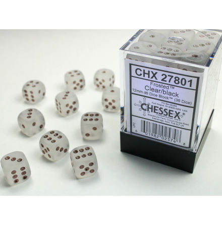Frosted 12mm d6 Clear/black Dice Block (36 dice)