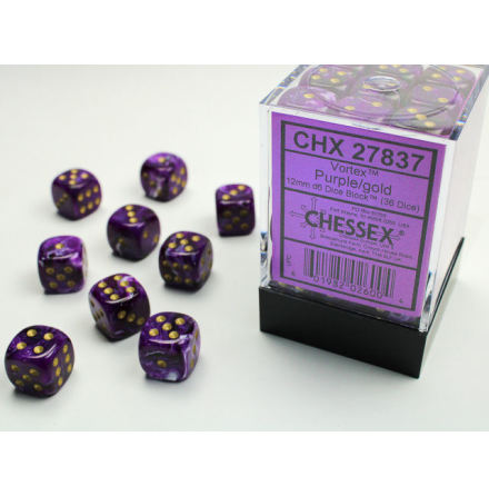 Vortex Dice 12mm d6 Purple/gold Dice Block (36 dice)