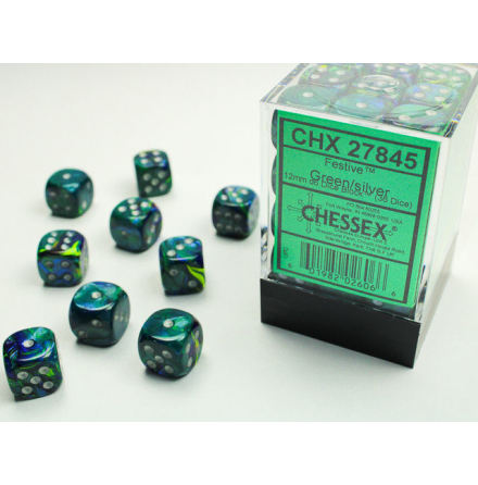 Festive 12mm d6 Green w/silver Dice Block (36 dice)