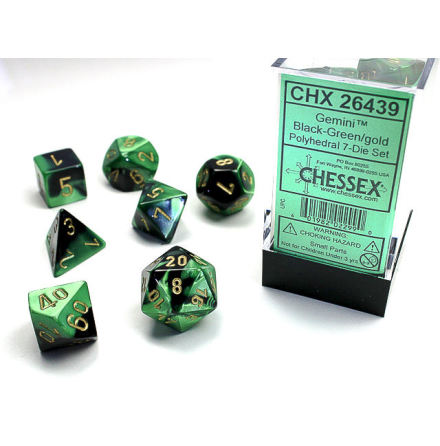 Gemini Polyhedral Black-Green/gold 7-Die Set