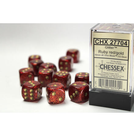 Glitter 16 mm d6 Ruby/gold Dice Block (12 dice)