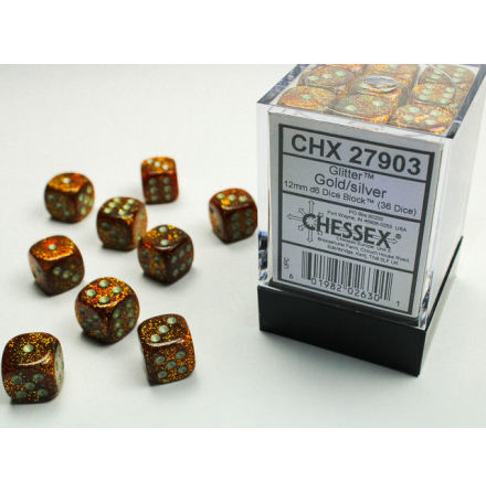 Glitter 12 mm d6 Gold/silver Dice Block (36 dice)