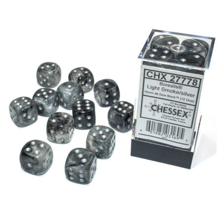 Borealis 16mm d6 Light Smoke/silver Luminary Dice BlockTM (12 dice)