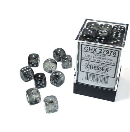 Borealis 12mm d6 Light Smoke/silver Luminary Dice BlockTM (36 dice)