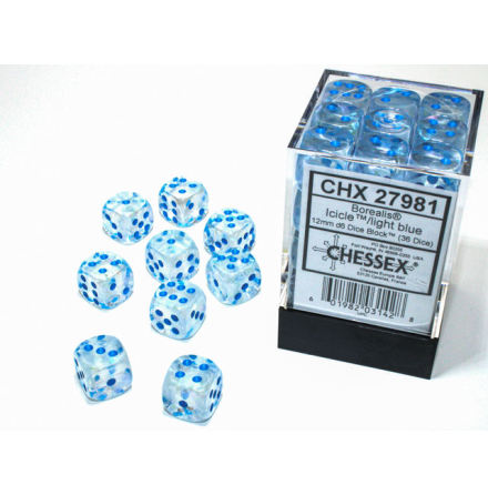 Borealis 12mm d6 IcicleTM/light blue Luminary Dice BlockTM (36 dice)
