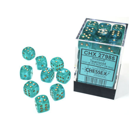 Borealis 12mm d6 Teal/gold Luminary Dice BlockTM (36 dice)