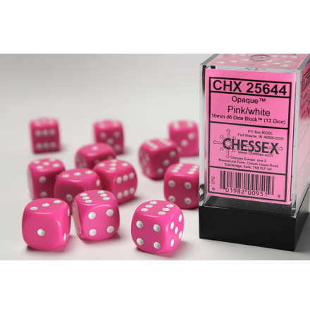 Opaque 16mm d6 Pink/white Dice Block (12 dice)