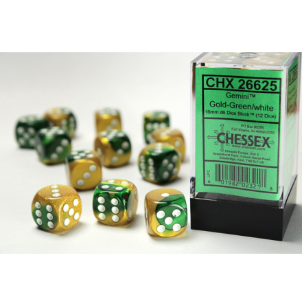 Gemini 16mm d6 Gold-Green w/white Dice Block (12 dice)