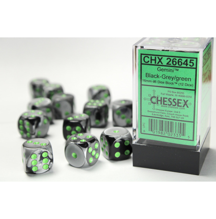 Gemini 16mm d6 Black-Grey w/green Dice Block (12 dice)