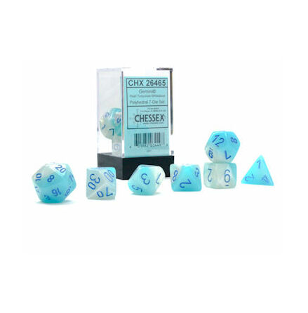 Gemini Polyhedral Pearl Turquoise-White/blue Luminary 7-Die Set