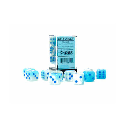 Gemini® 16mm d6 Pearl Turquoise-White/blue Luminary Dice Block (12 dice)