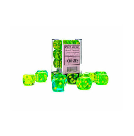 Gemini® 16mm d6 Translucent Green-Teal/yellow Dice Block (12 dice)