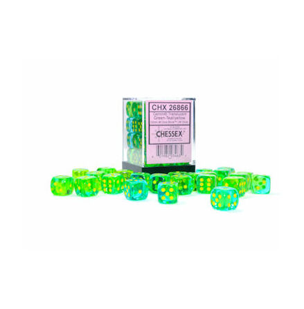 Gemini® 12mm d6 Translucent Green-Teal/yellow Dice Block (36 dice)