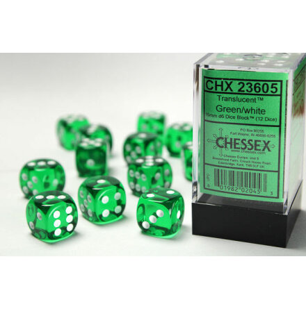 Translucent 16mm d6 Green/white Dice Block (12 dice)
