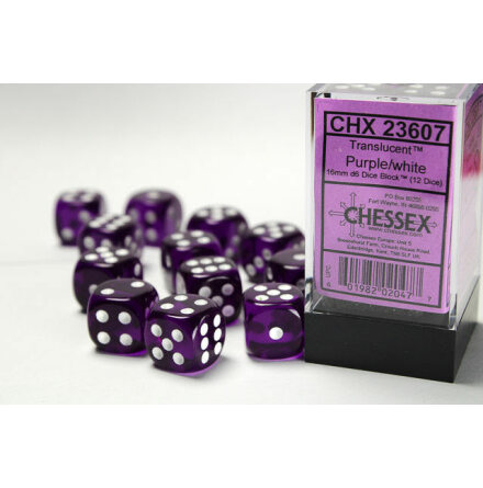 Translucent 16mm d6 Purple/white Dice Block (12 dice)