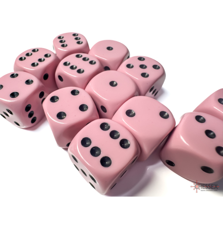 Opaque 16mm d6 Pastel Pink/black Dice Block (12 dice)